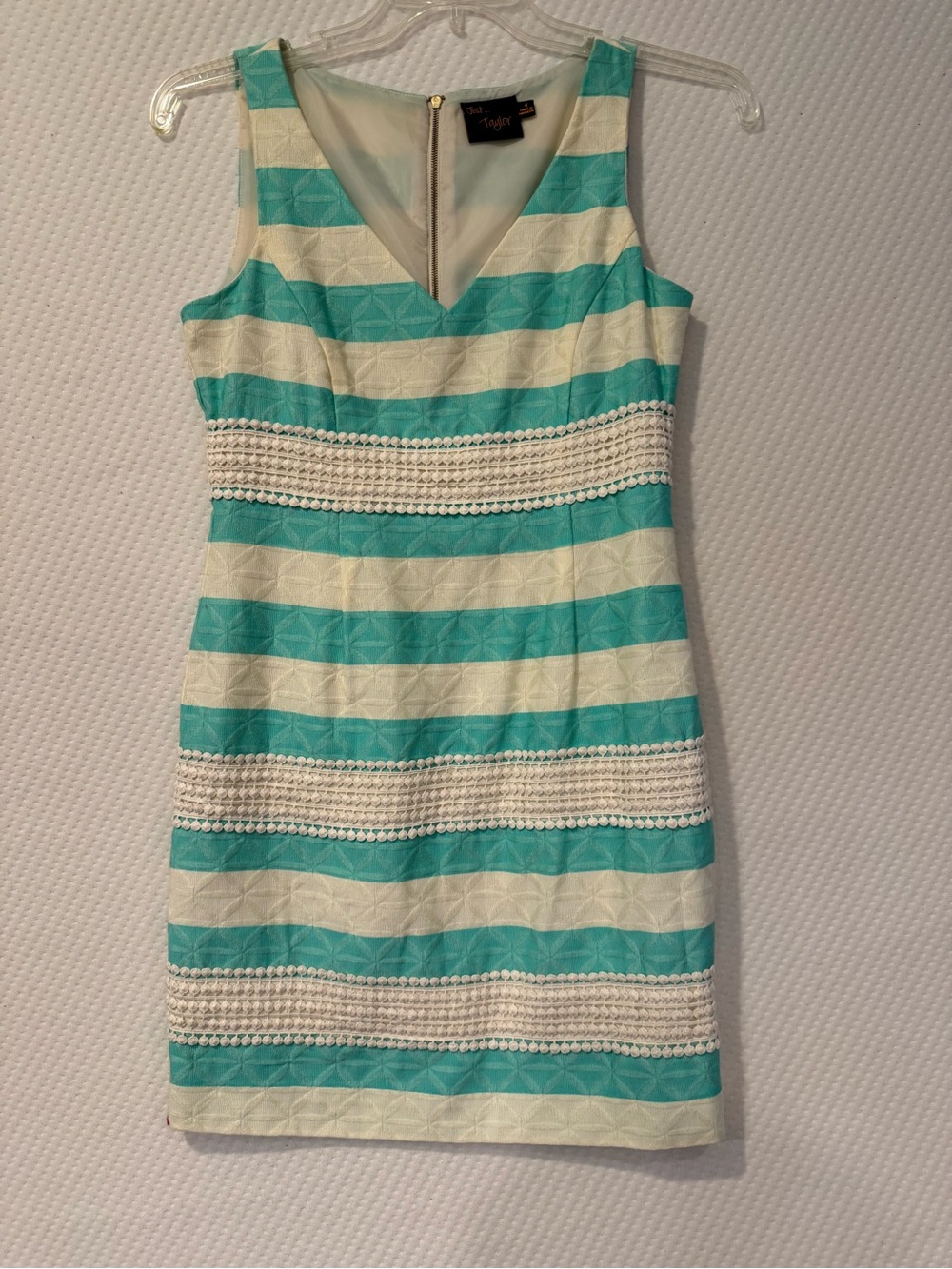 Sleeveless Striped V-neck Sheath Dress with lace in Aqua and White size 4